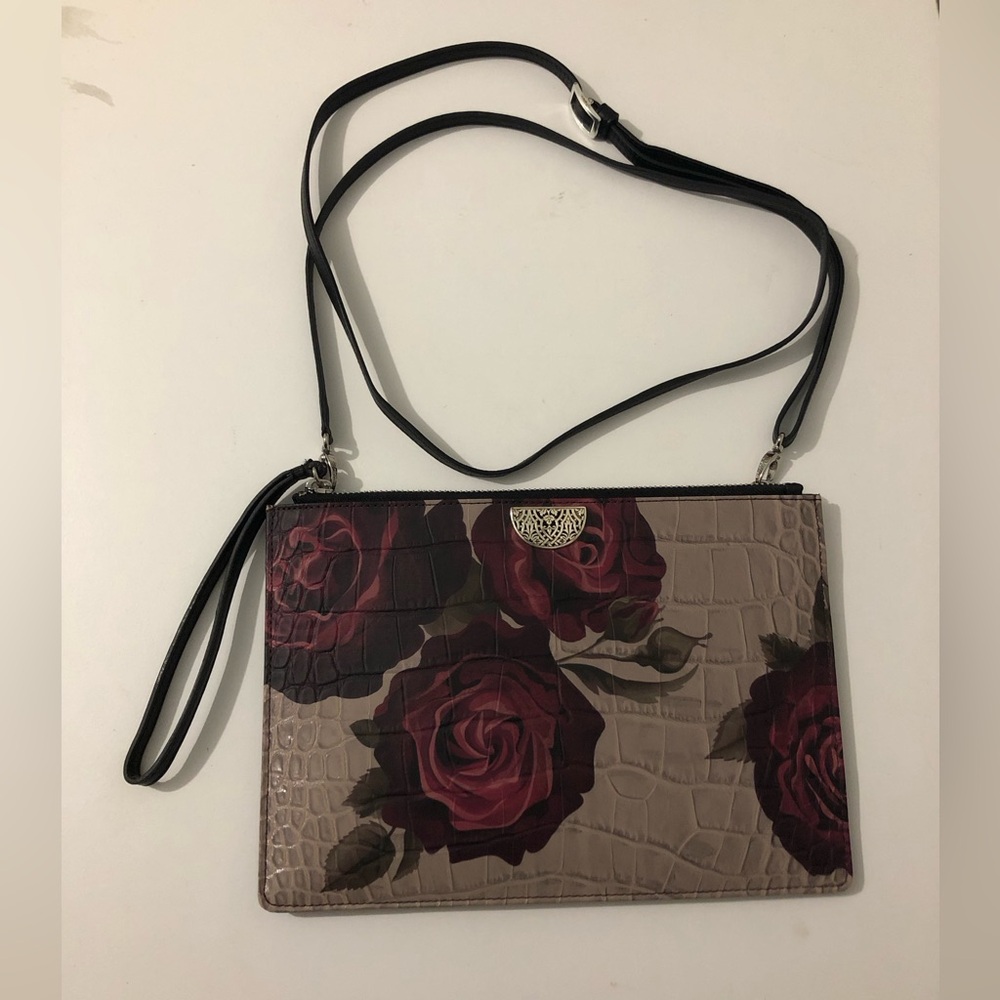 Brighton Floral Croc Embossed Crossbody Clutch Wristlet Taupe Maroon Roses